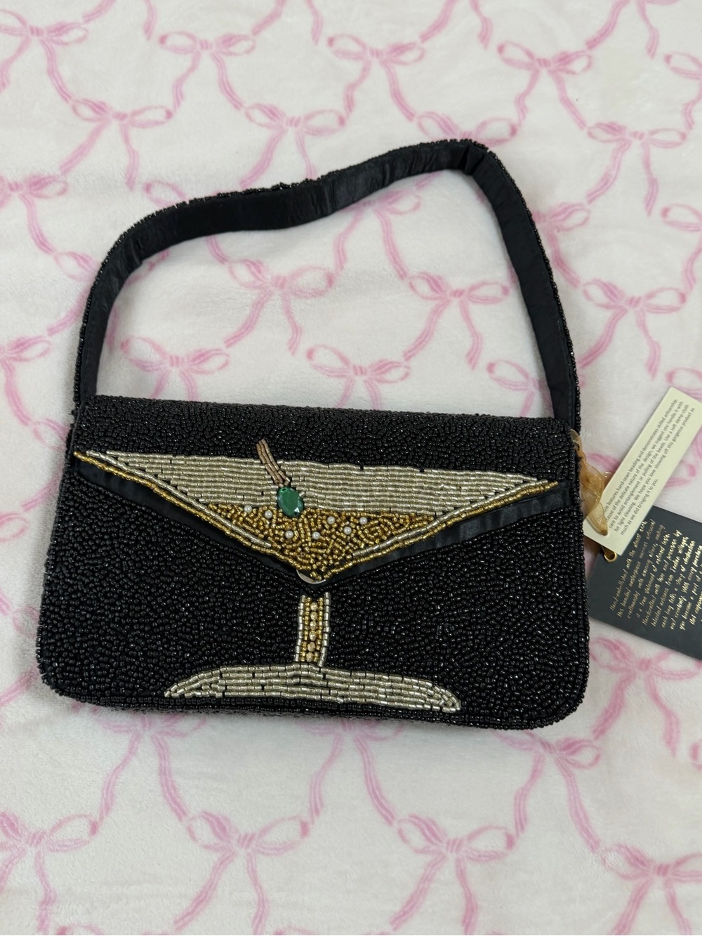 Beaded Black Cocktail Clutch with Martini Motif